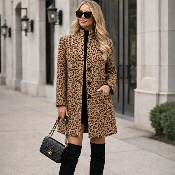 Lush Jackets & Blazers - Winter Coat - Long Coat - Faux Fur Coat for Women Leopard Print Knee Length Coat
